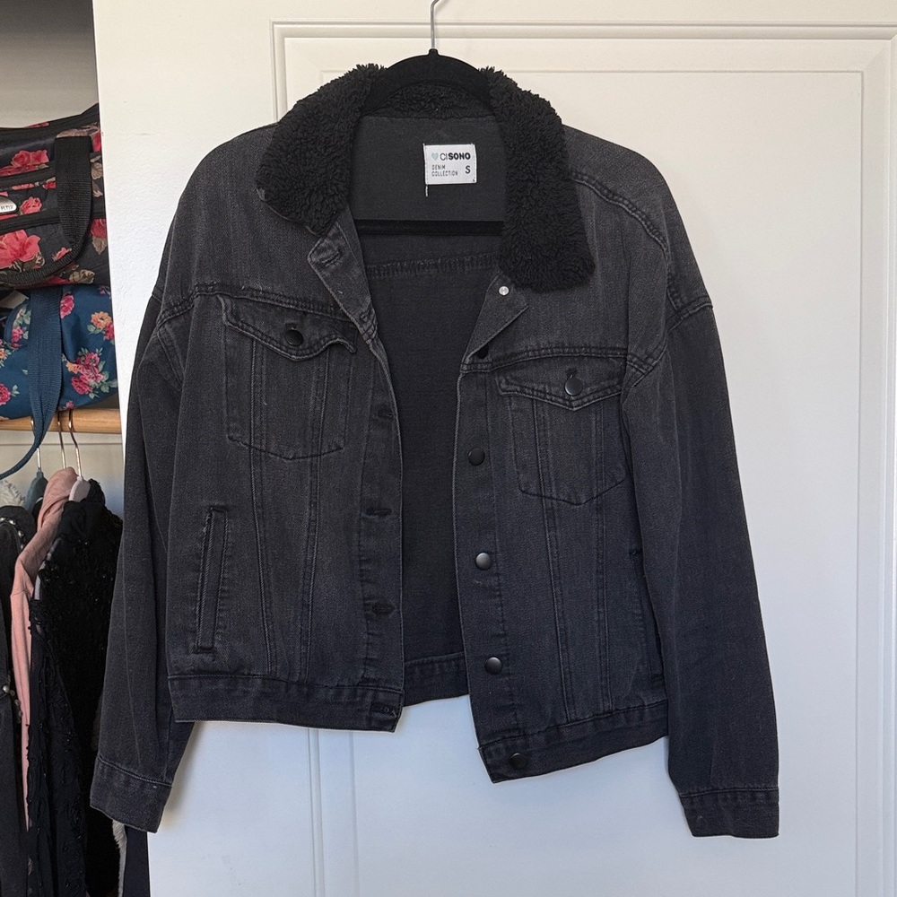 Ci Sono Black Denim Jacket with Sherpa Collar